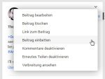 Google+ post menu with embedding option