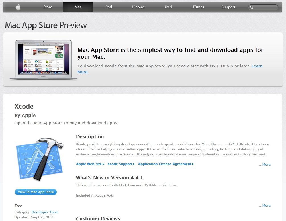 Screenshot of Apple Xcode web page with link to Mac App store