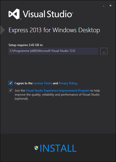 Microsoft Visual C++ 2010 Express setup start dialog