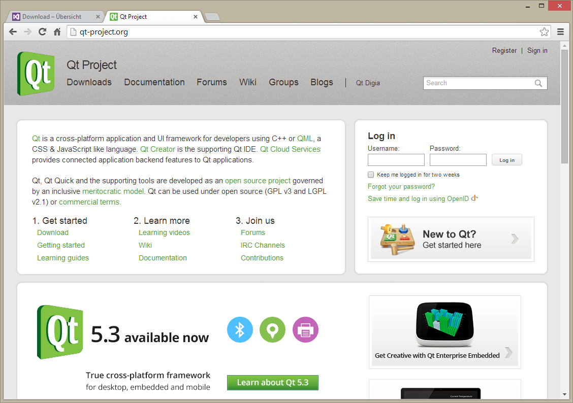 Screenshot of the Qt SDK download page