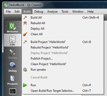 Qt Creator Build menu