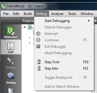 Qt Creator Debug menu