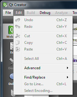 Qt Creator Edit menu