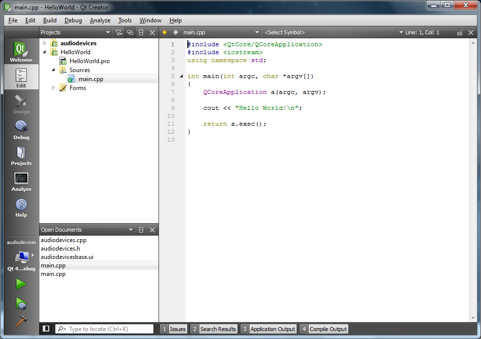 Hello World program source code in code editor