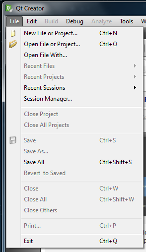 Qt Creator File menu