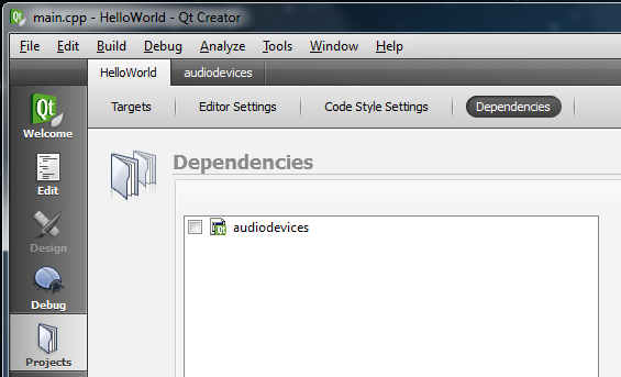 Qt Creator Projects mode - dependencies settings