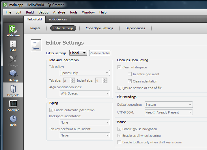 Qt Creator Projects mode - editor settings