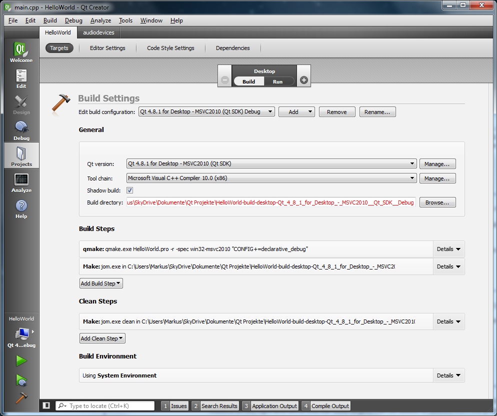 Qt Creator Projects mode - targets settings