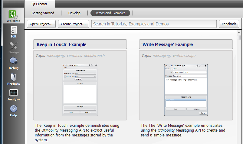 Qt Creator Welcome mode - demos and examples page