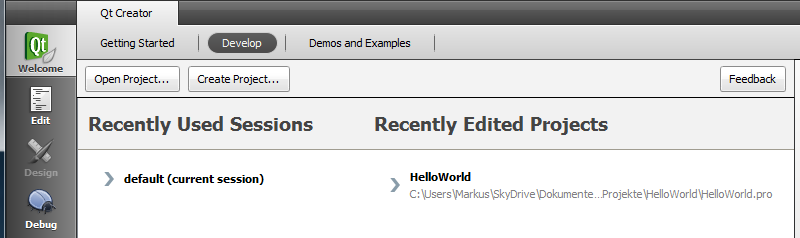 Qt Creator Welcome mode - develop page