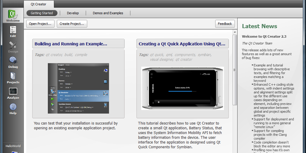 Qt Creator Welcome mode - getting started page