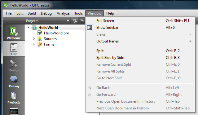 Qt Creator Window menu