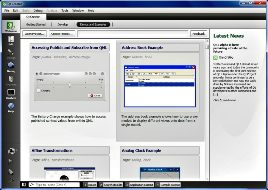 Screenshot of Qt Creator Demos and Examples page