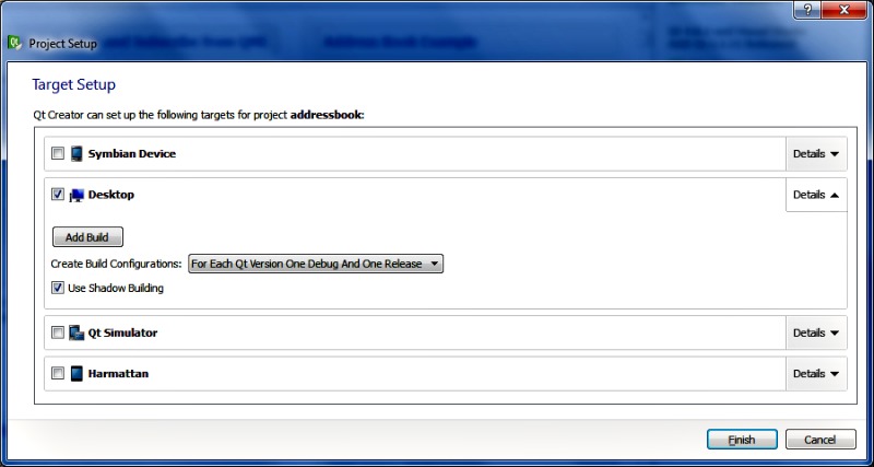Screenshot of Qt Project target setup after selection of addressbook example