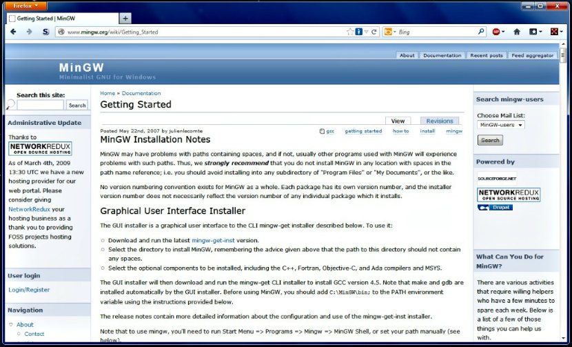 Screenshot of MinGW Getting Started page