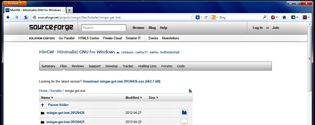 Screenshot of MinWG installer download page on the SourceForge website