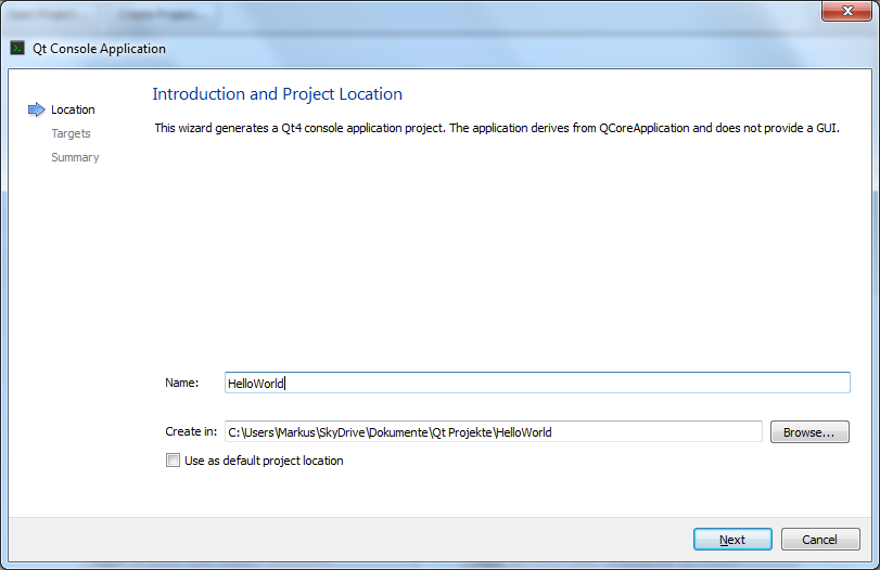 project creation, step 1: entering a name and the path for the project files