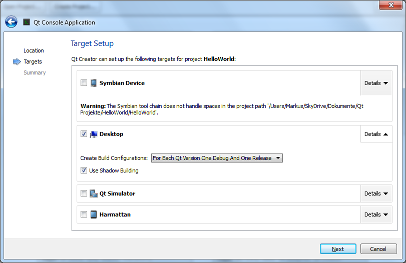 project creation, step 2: build target setup options