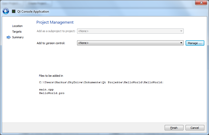 project creation, step 3: depencency and version control options