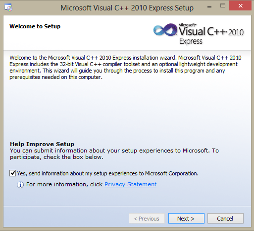 Microsoft Visual C++ 2010 Express setup start dialog