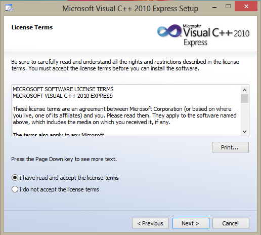Screenshot of additional selection of SQL Server 2008 Express installation during Visual C++ 2010 Express installation procedure