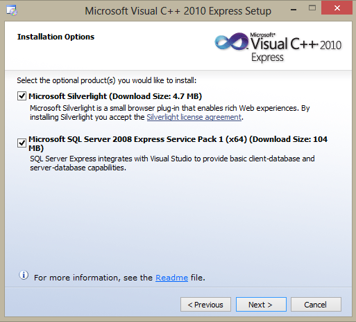 Microsoft Visual C++ Express installation Silverlight and SQL server options