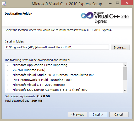 Microsoft Visual C++ 2010 Express installation location selection