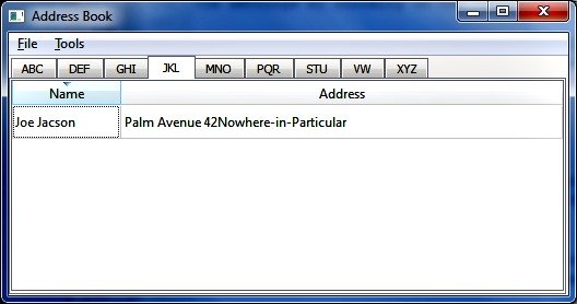 Screenshot of list display in addressbook program with new address entry